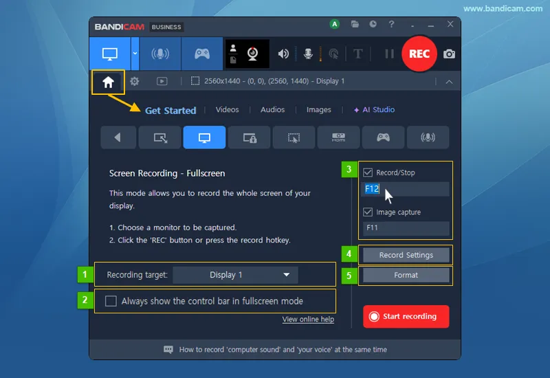 Fullscreen recording settings