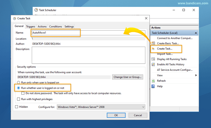 Create Task, Windows task scheduler