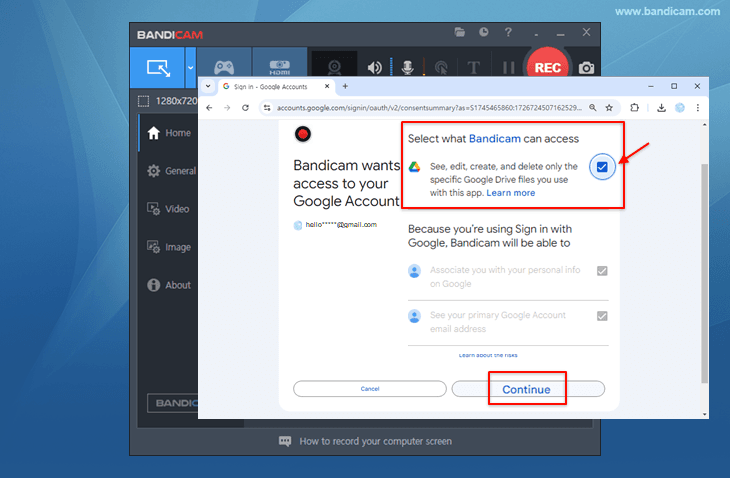 connect to Google account, Bandicam video uploader