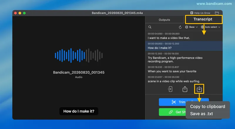 Audiotranskript kopieren oder speichern