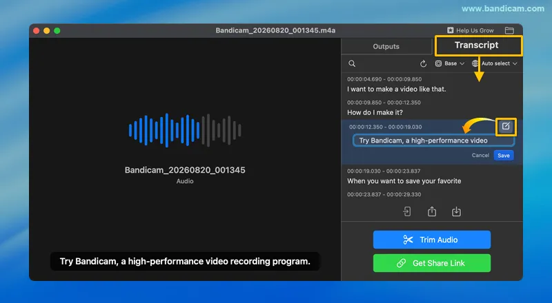 Audiotranskript prüfen und bearbeiten