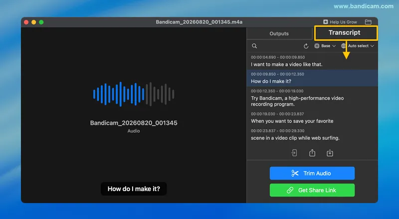 Audio mit Bandicam in Text umwandeln