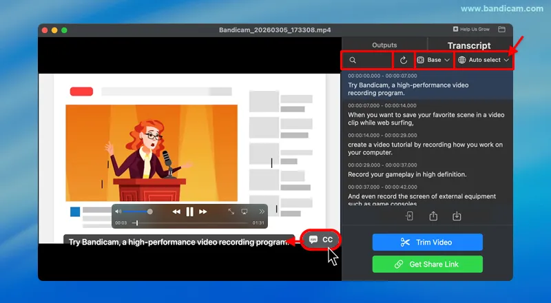 Bandicam Transkriptionsbereich mit Sprachauswahl, Suche und Untertiteln