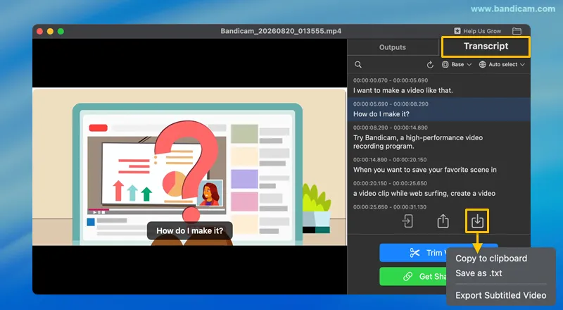 Transkript speichern, Video mit Untertiteln exportieren