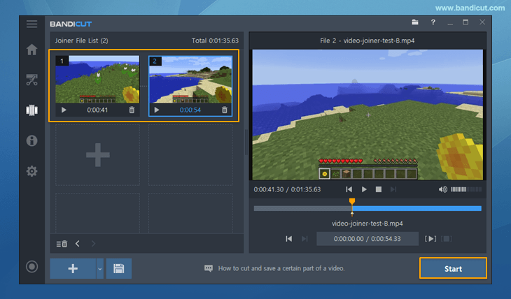joiner merge mp4 join bandicam bandicut cutter multiple button start combine quickly speed mode select step joining initiate