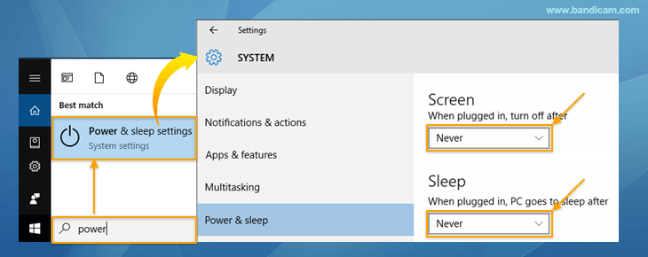power and sleep settings for screen recording