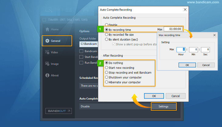 Timer recording, How to stop recording automatically with Bandicam