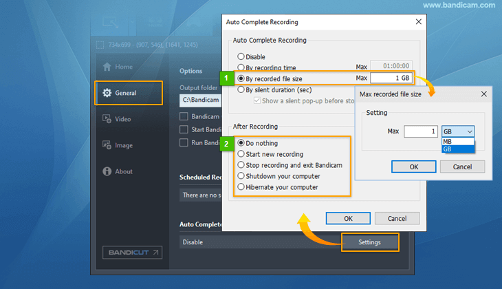 Timer recording, How to stop recording automatically with Bandicam