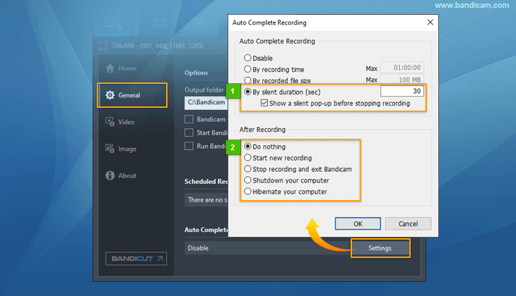 Timer recording, How to stop recording automatically with Bandicam