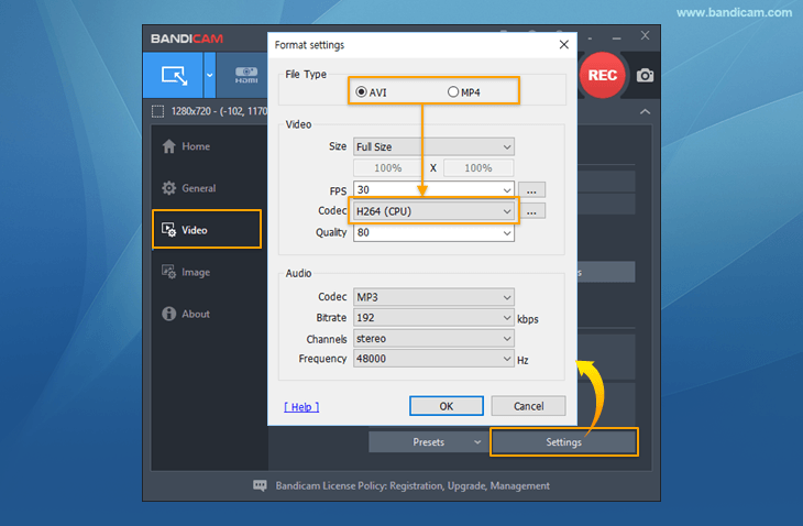 Select the XVID or H264 (CPU) codec, Bandicam