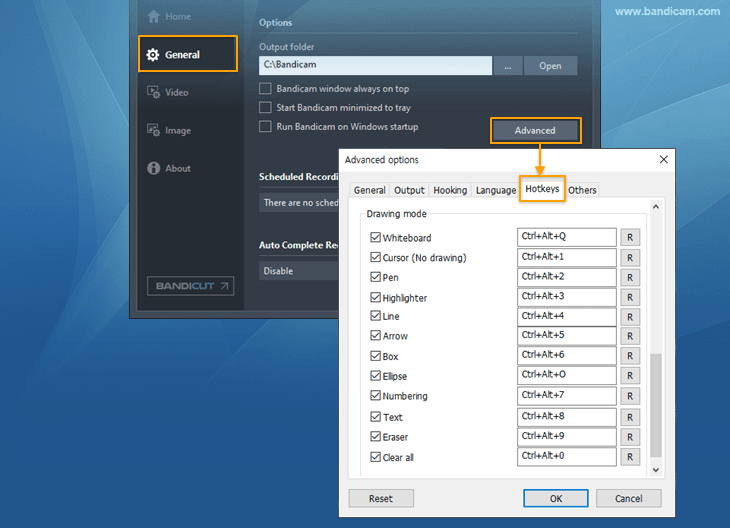 Bandicam, drawing tool hotkeys