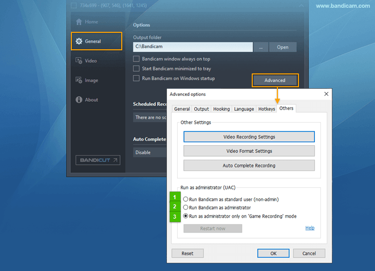 Bandicam - UAC settings