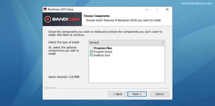 Bandicam setup - Choose Components
