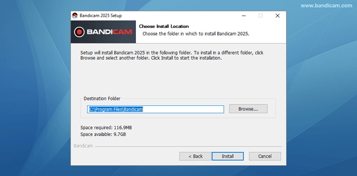Bandicam setup - Choose installation location