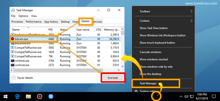 End task/process, Bandicam