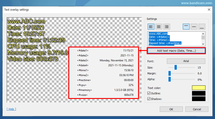 Text overlay settings, Bandicam
