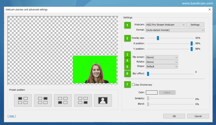 Bandicam Webcam overlay, Advanced settings