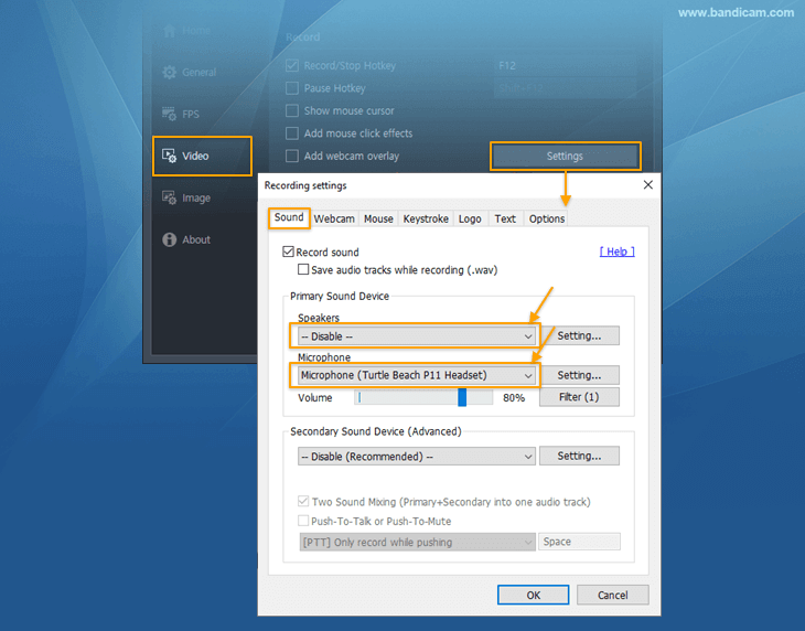 Bandicam, Sound settings - select your microphone device