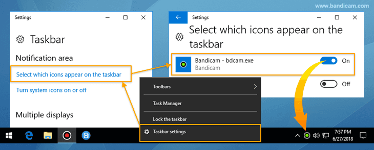 Show the Bandicam icon to the taskbar, system tray