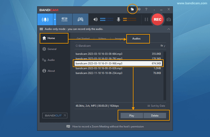 Bandicam, Check the captured mp3 audio files