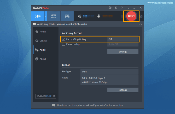 Bandicam, sound-only recording start/stop button