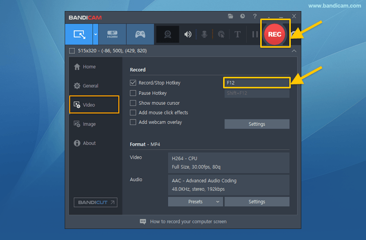 Bandicam, record stop button