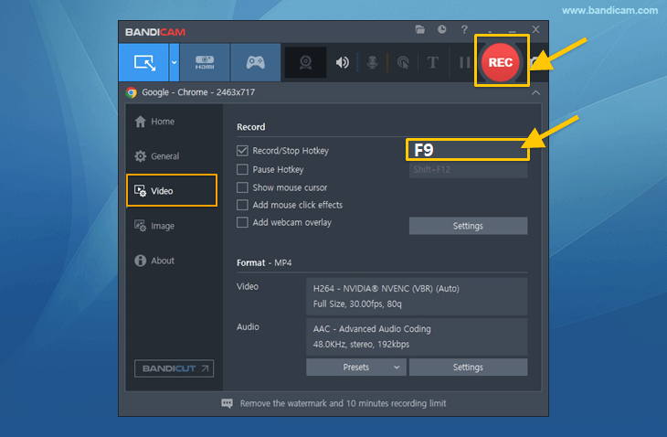 Bandicam, recording hotkey