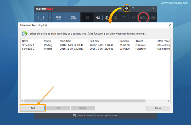 Scheduled recording, add a recording list
