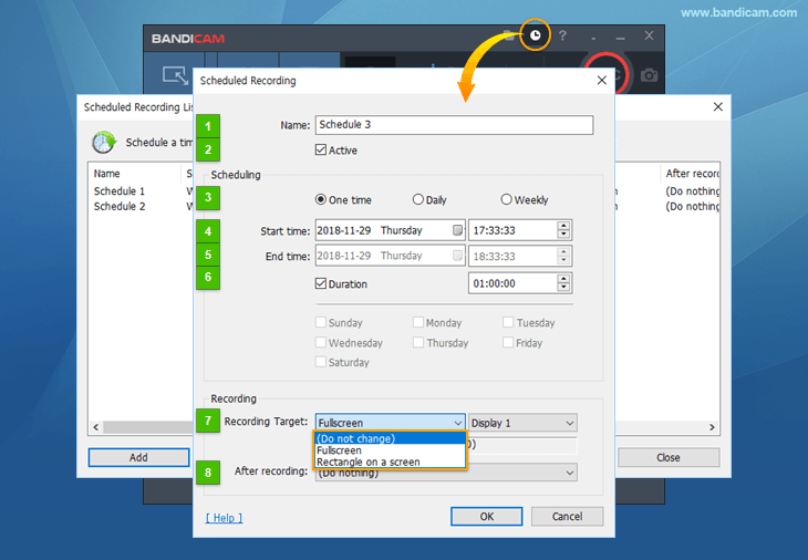 Scheduled recording, settings, set start time