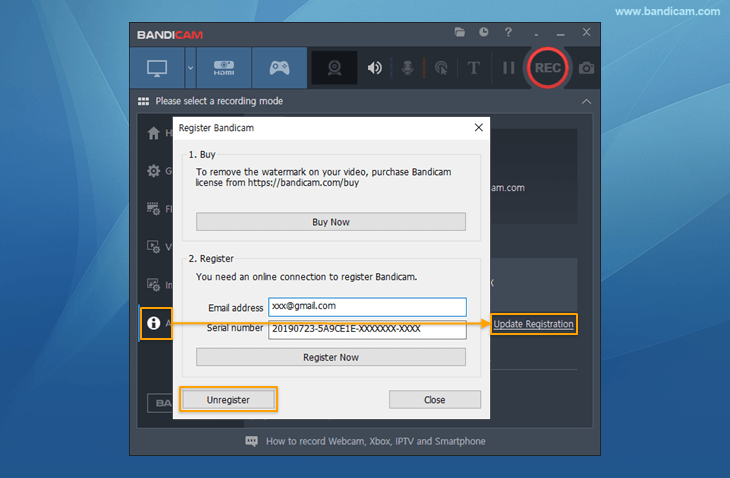 Unregister Bandicam, update registration information