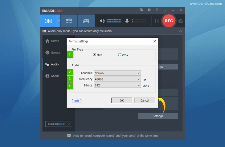 Bandicam audio recording, mp3 or wav