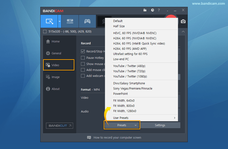 Bandicam Presets - video/audio settings