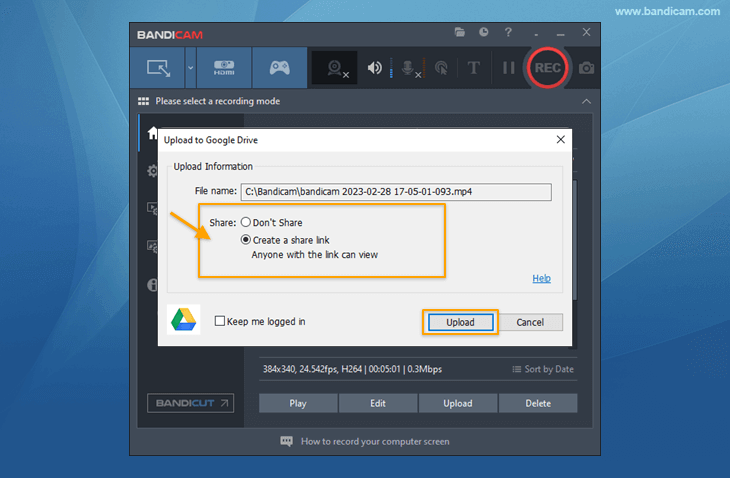 upload to google drive, Bandicam video uploader
