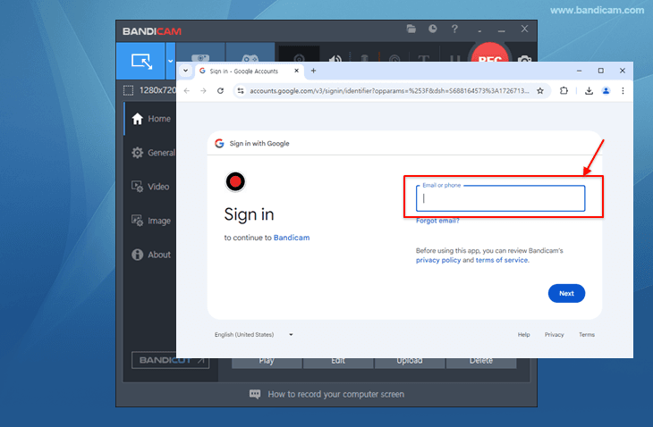 Google sign in, Bandicam video uploader