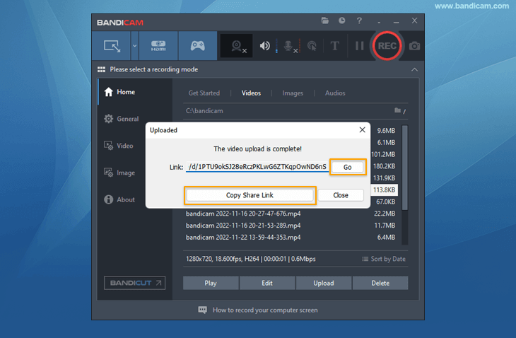upload videos to google drive, Bandicam video uploader