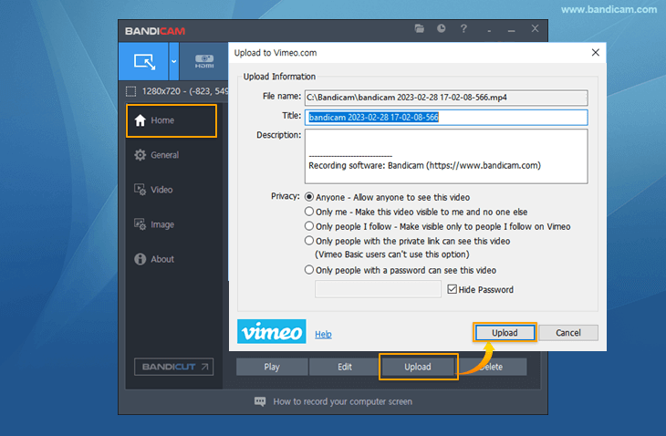 Bandicam video uploader
