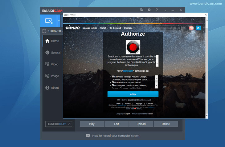 Bandicam, Register Vimeo