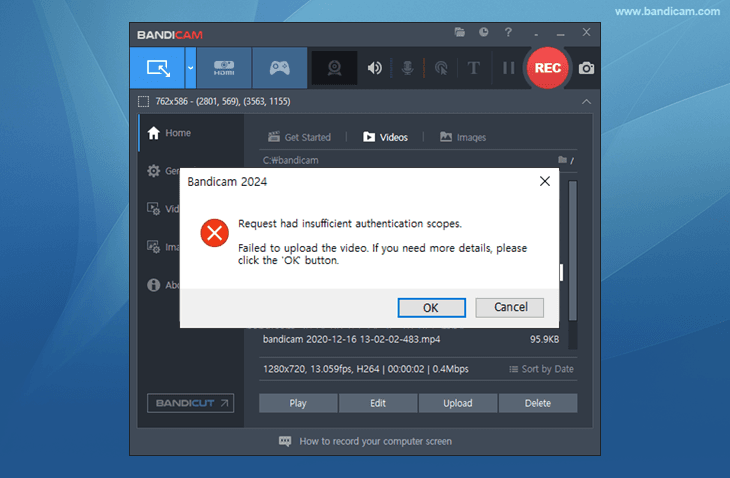 Bandicam upload error