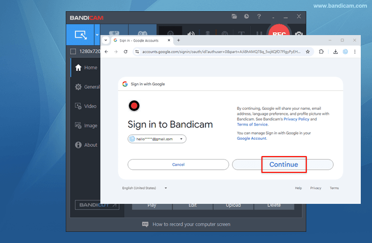 Bandicam, connect Bandicam to Google