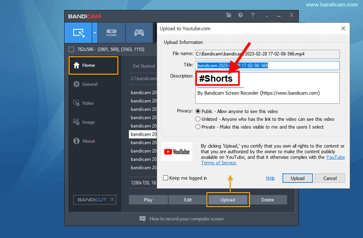 How to upload YouTube shorts, Bandicam