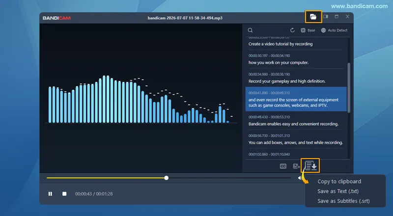Bandicam audio transcription result