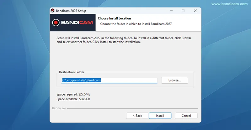 Choose Bandicam installation folder