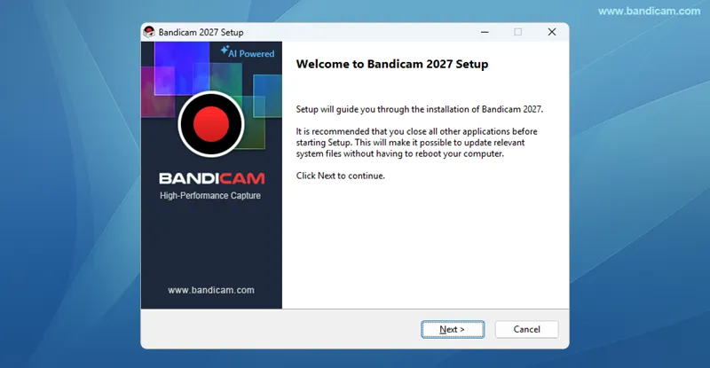 Bandicam setup welcome screen