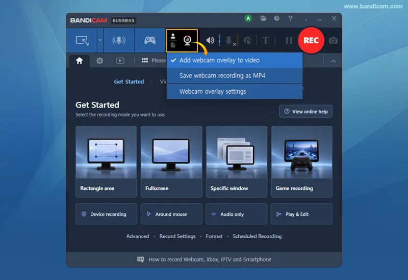 Menu lớp phủ webcam trong Bandicam