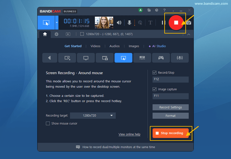 Start and stop recording in Around mouse mode