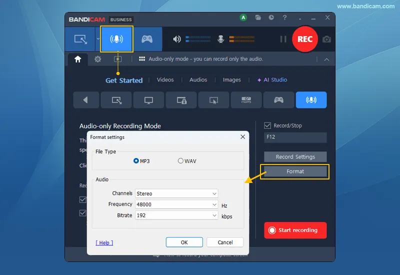 MP3 and WAV format settings