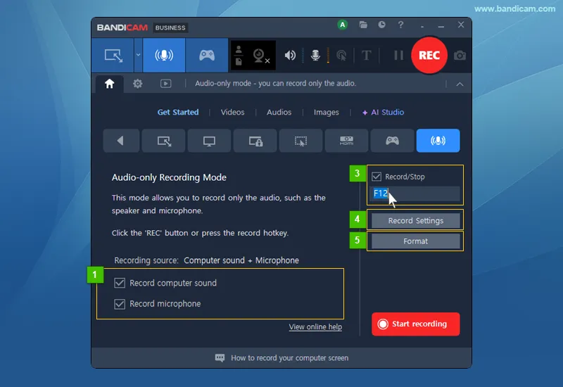 Audio-only Recording mode settings