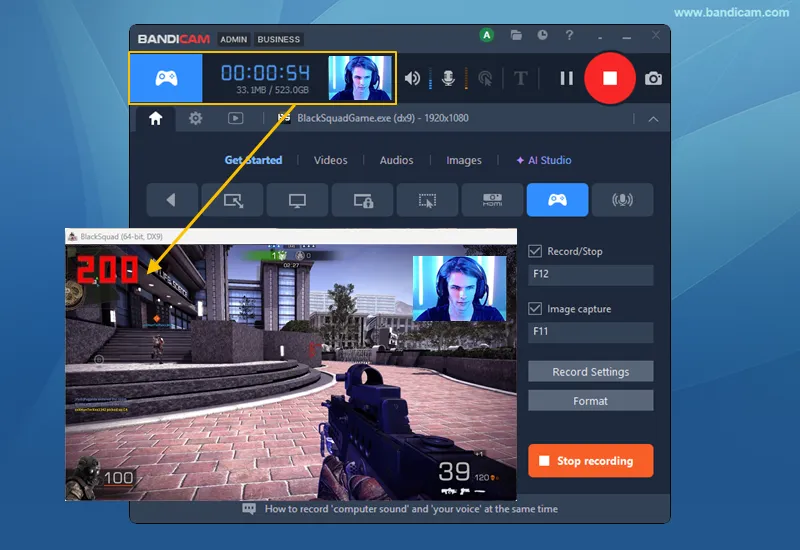 Gameplay recording with red FPS and webcam overlay