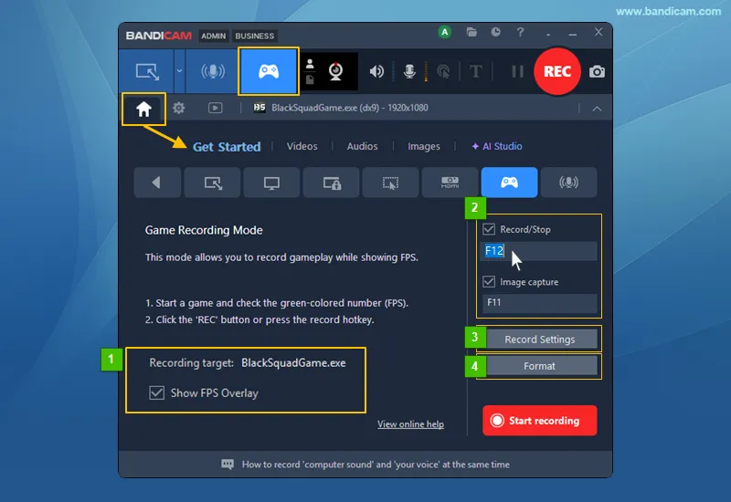Game recording target, hotkeys, and settings