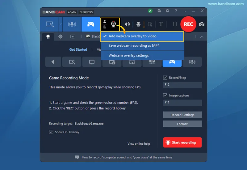 Enable webcam overlay for gameplay